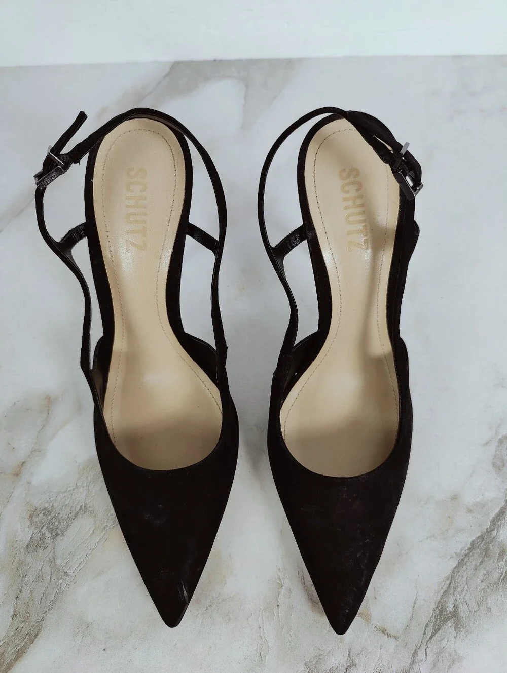 Schutz Boris Black Suede Slingback Pointed Toe Stiletto Pumps Heels, Sz 8